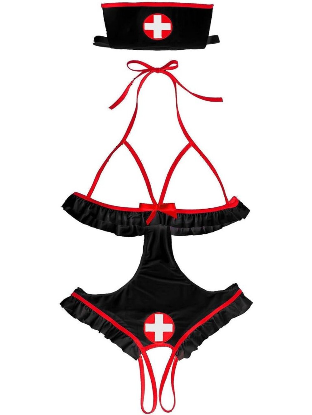 Women's Nurse Costume Lingerie Set 2-Piece Halloween Cosplay with Headband-Black